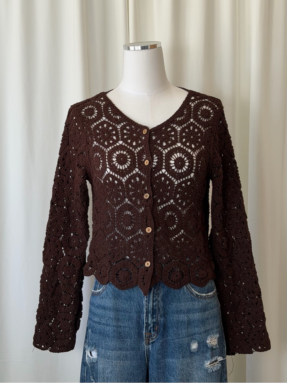 Brown Crochet Knit Cardigan Top Size Medium Long Sleeve Button Up Boho. - Picture 3 of 11